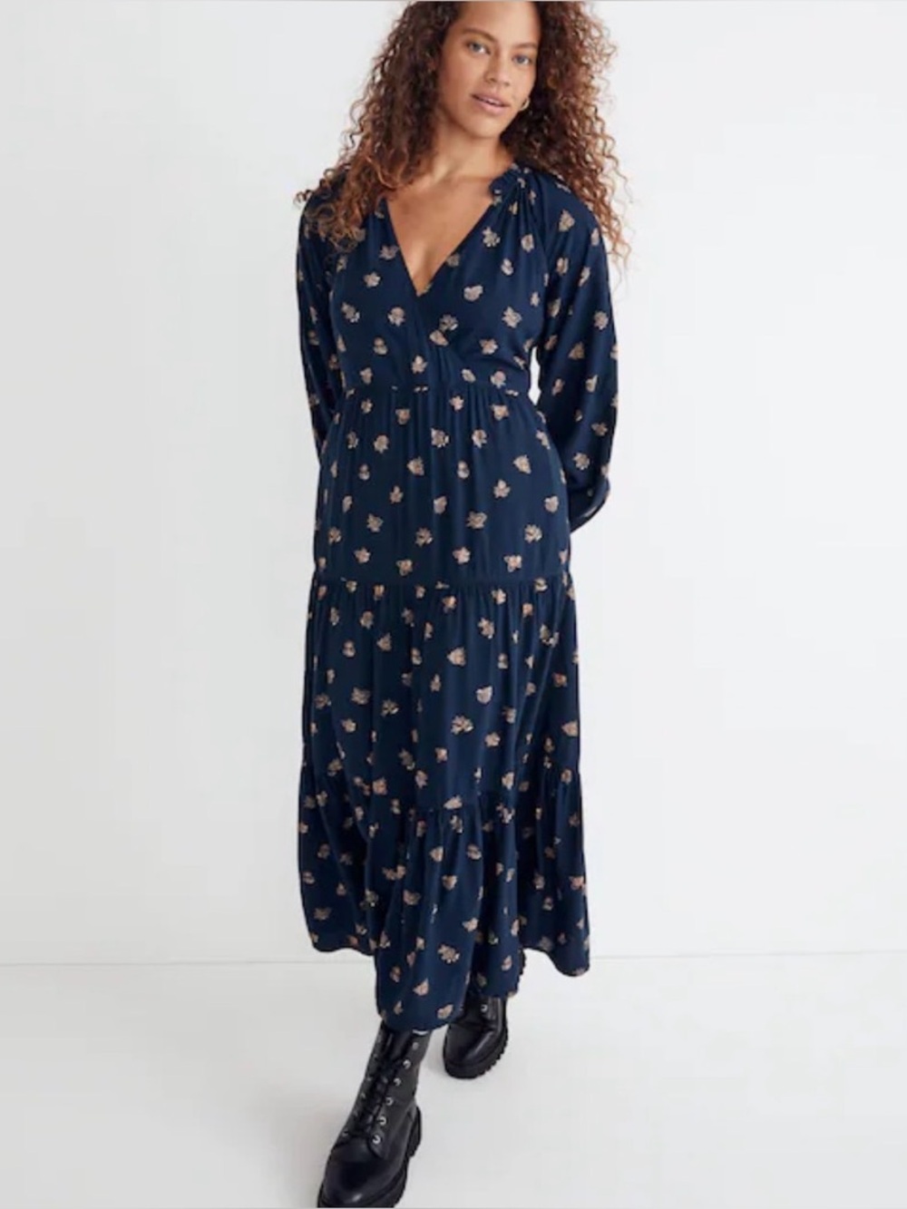 Women’s Madewell Deep Indigo Long Sleeved Floral Challis Midi Dress Size Medium